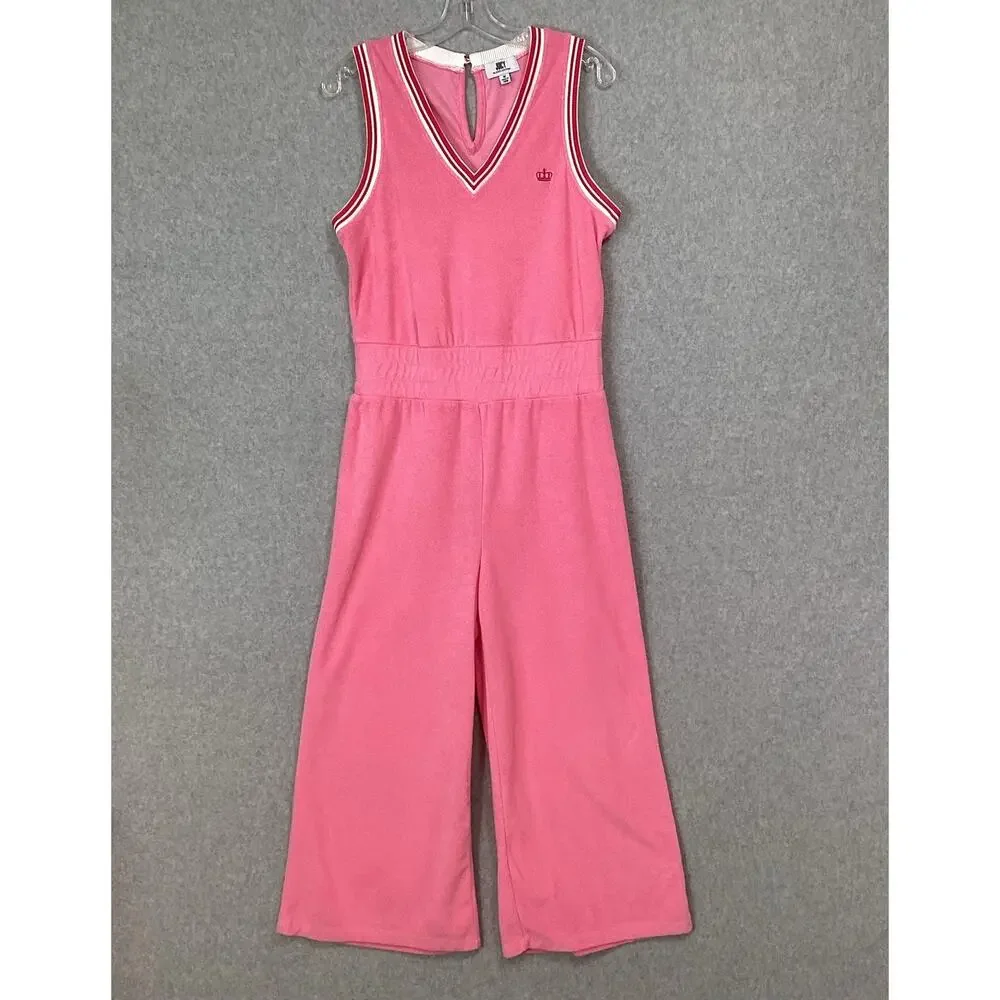 Juicy By Juicy Couture Y2K Crop Wide Leg Terry Cloth Jumpsuit Size M V Neck Pink - Picture 2 of 16